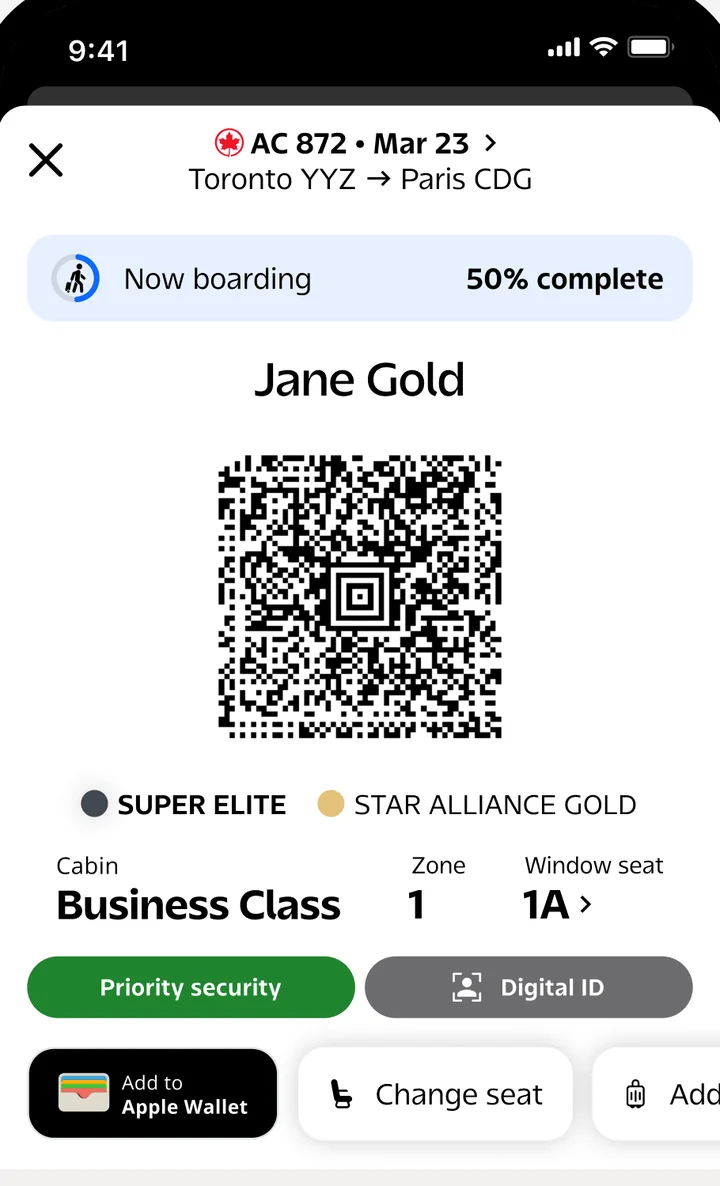 Air Canada app screen 2