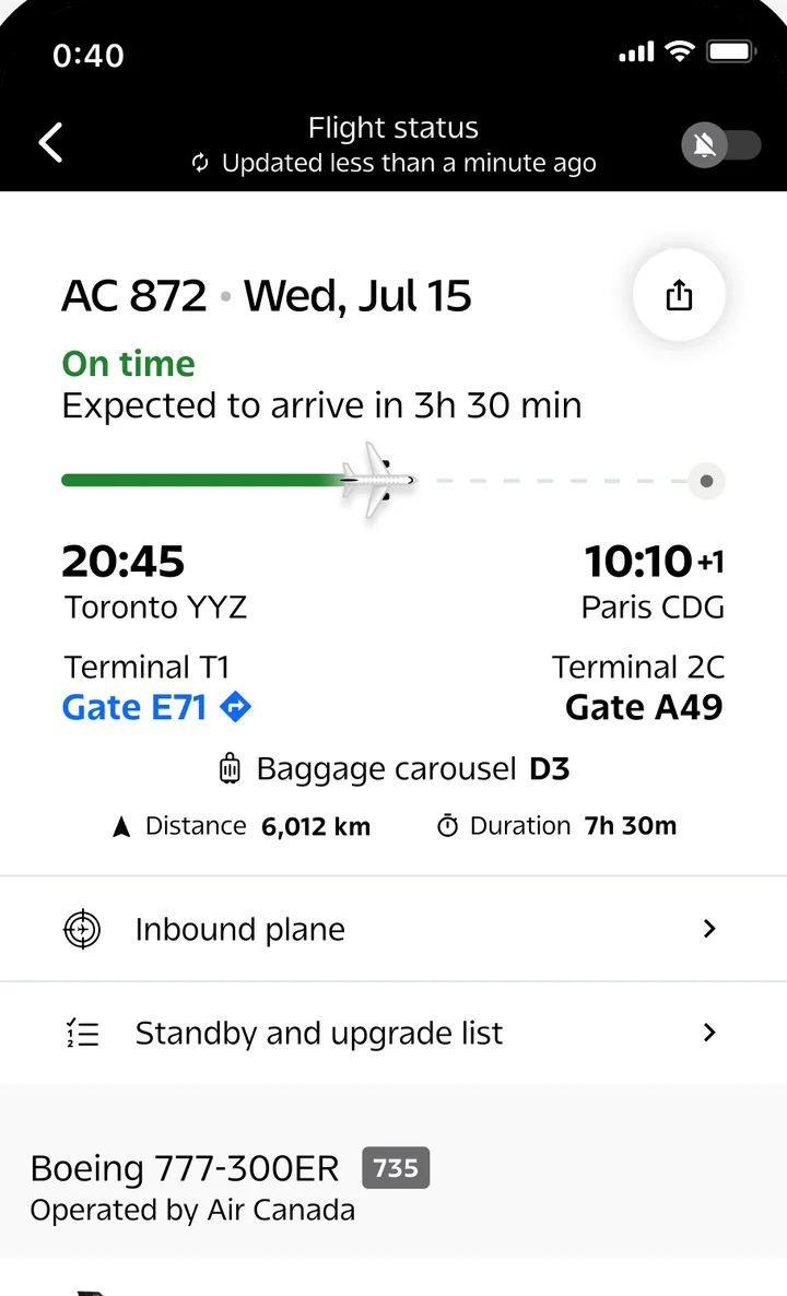 Air Canada app screen
