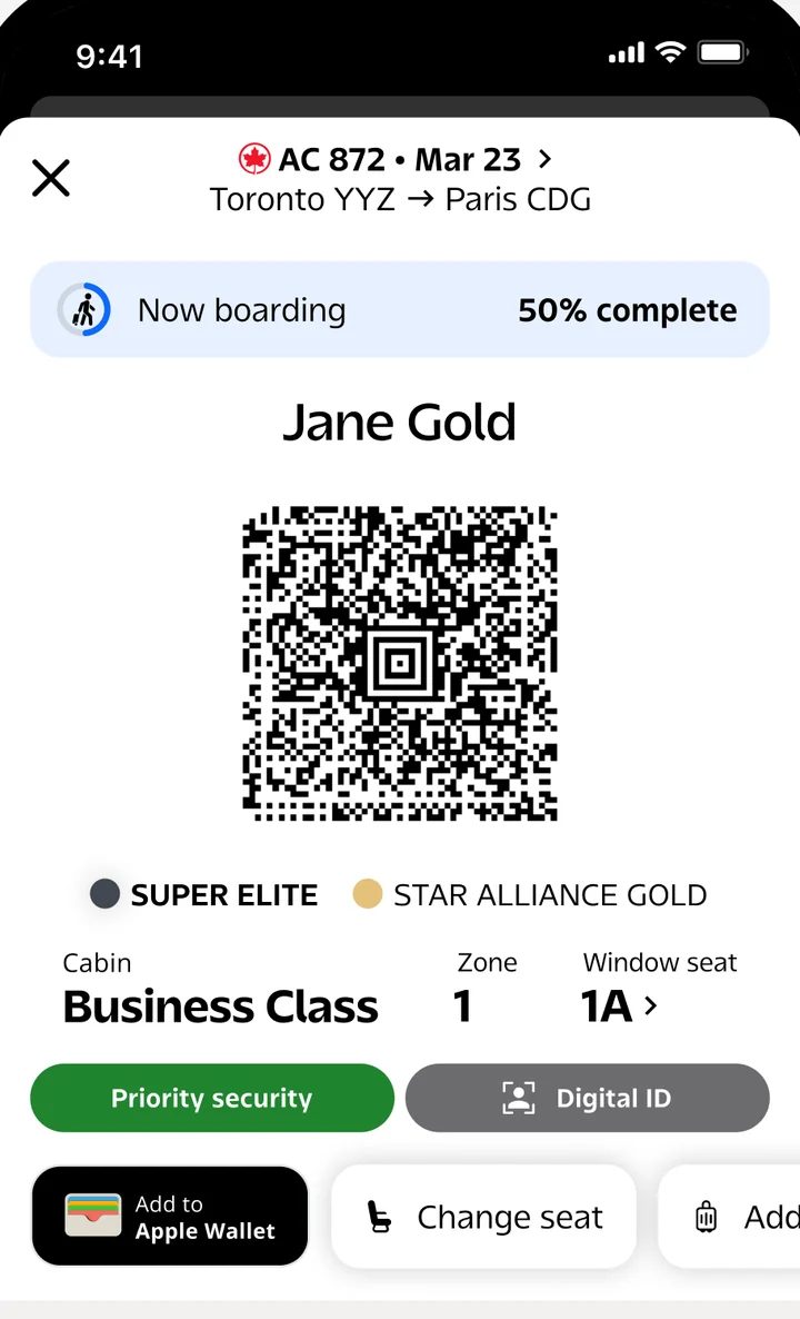 Air Canada app screen