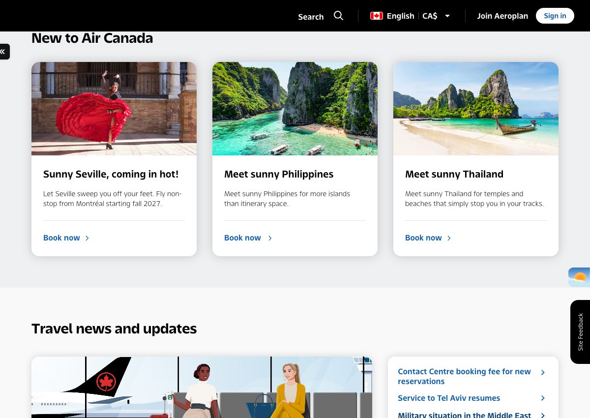 Air Canada website destinations section