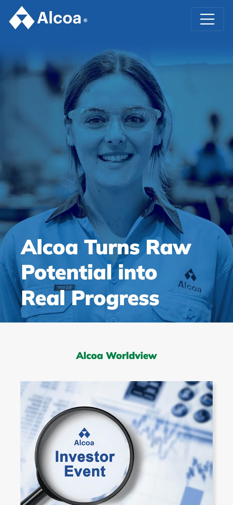 Alcoa home page on mobile