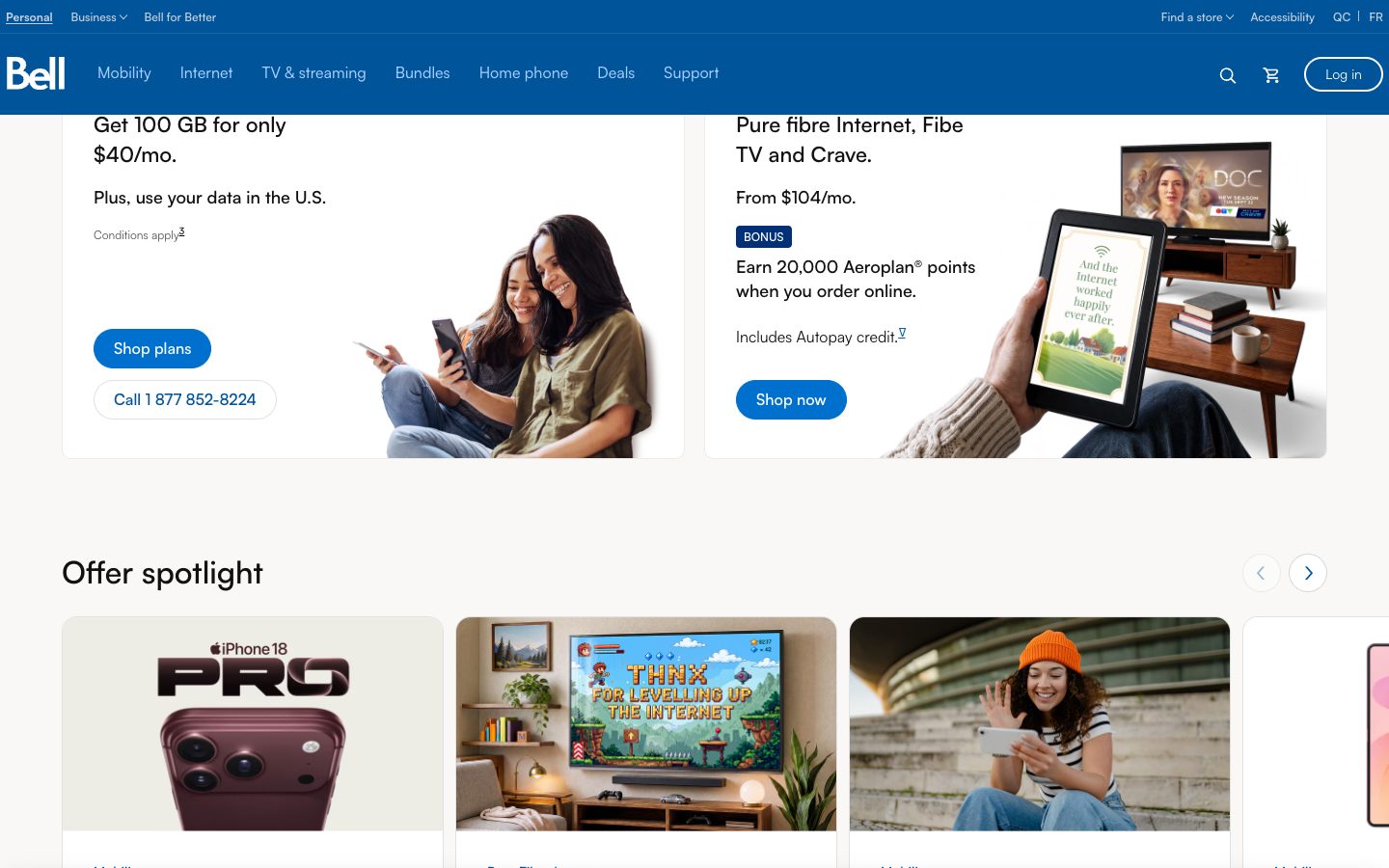 Bell website offer spotlight section