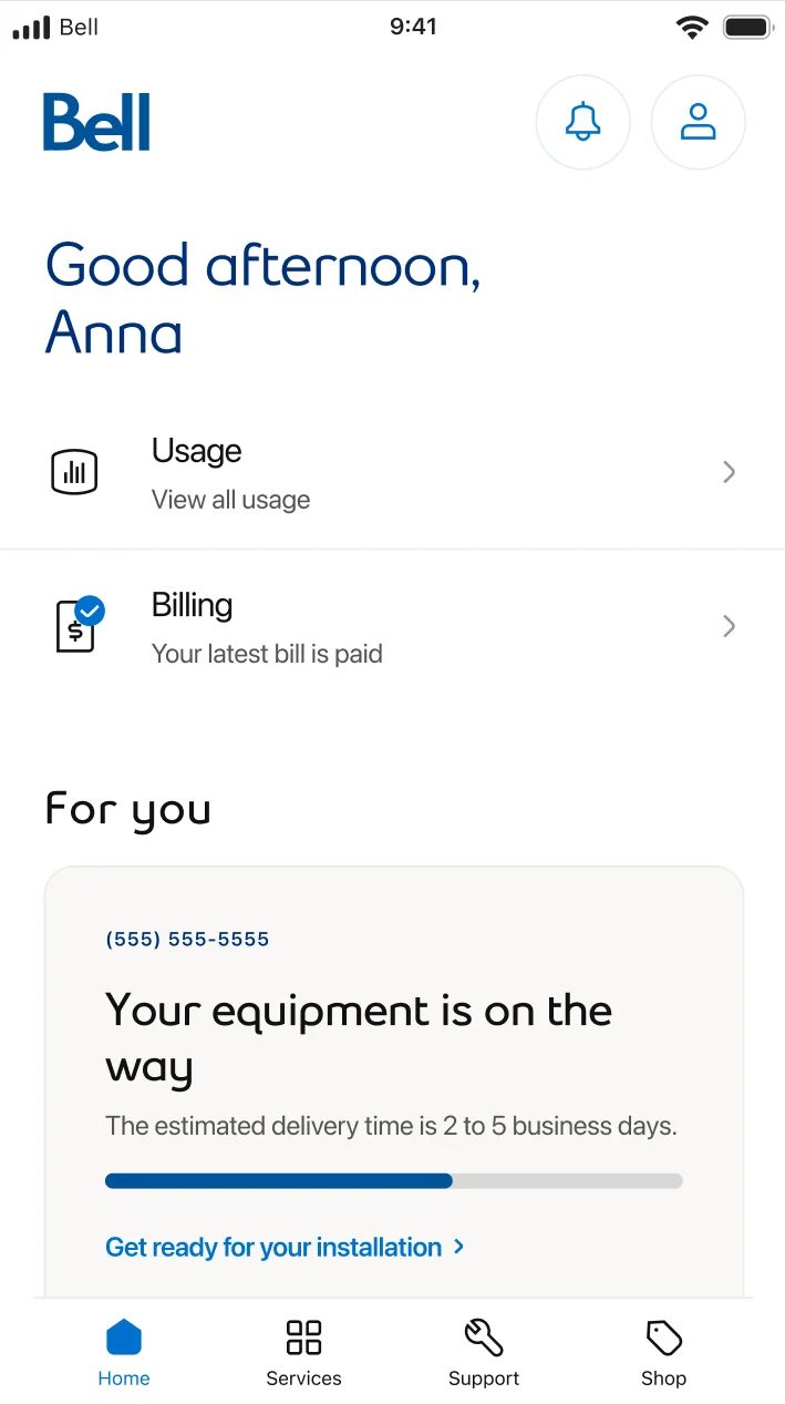 Bell app screen