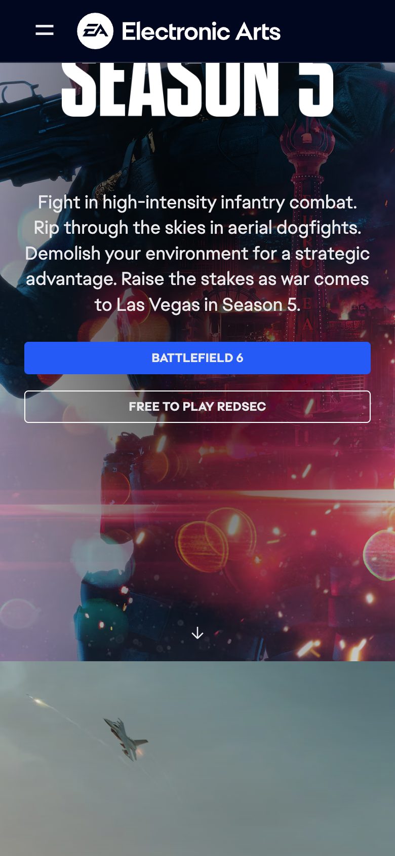 Electronic Arts home page on mobile