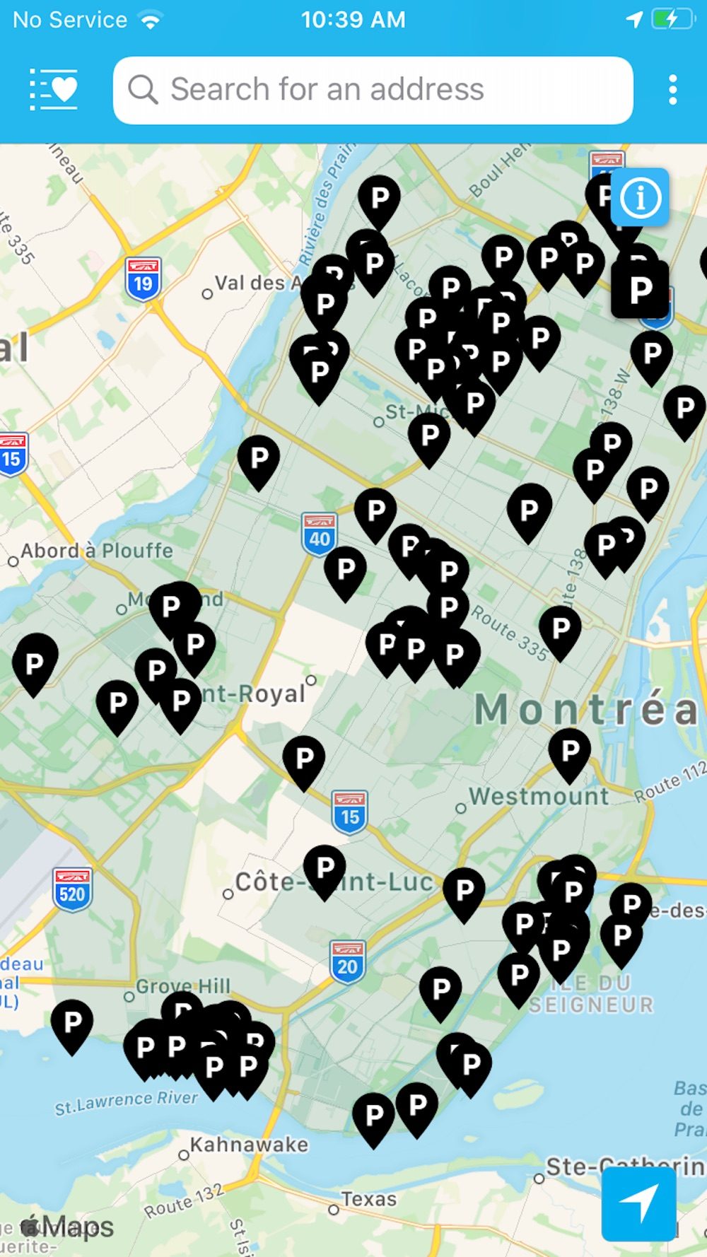 Info-Neige MTL map with free parking locations