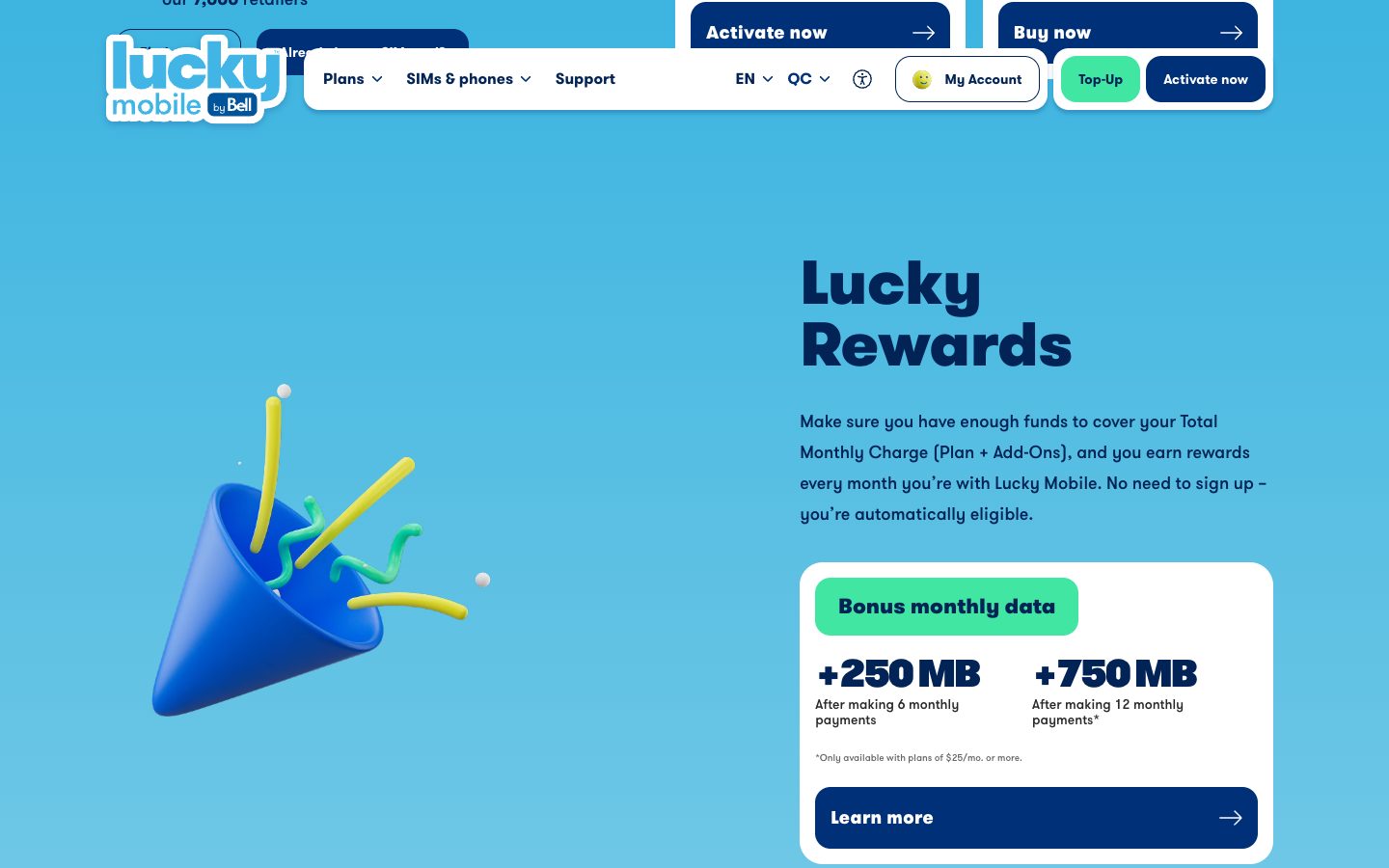 Lucky Mobile website rewards section