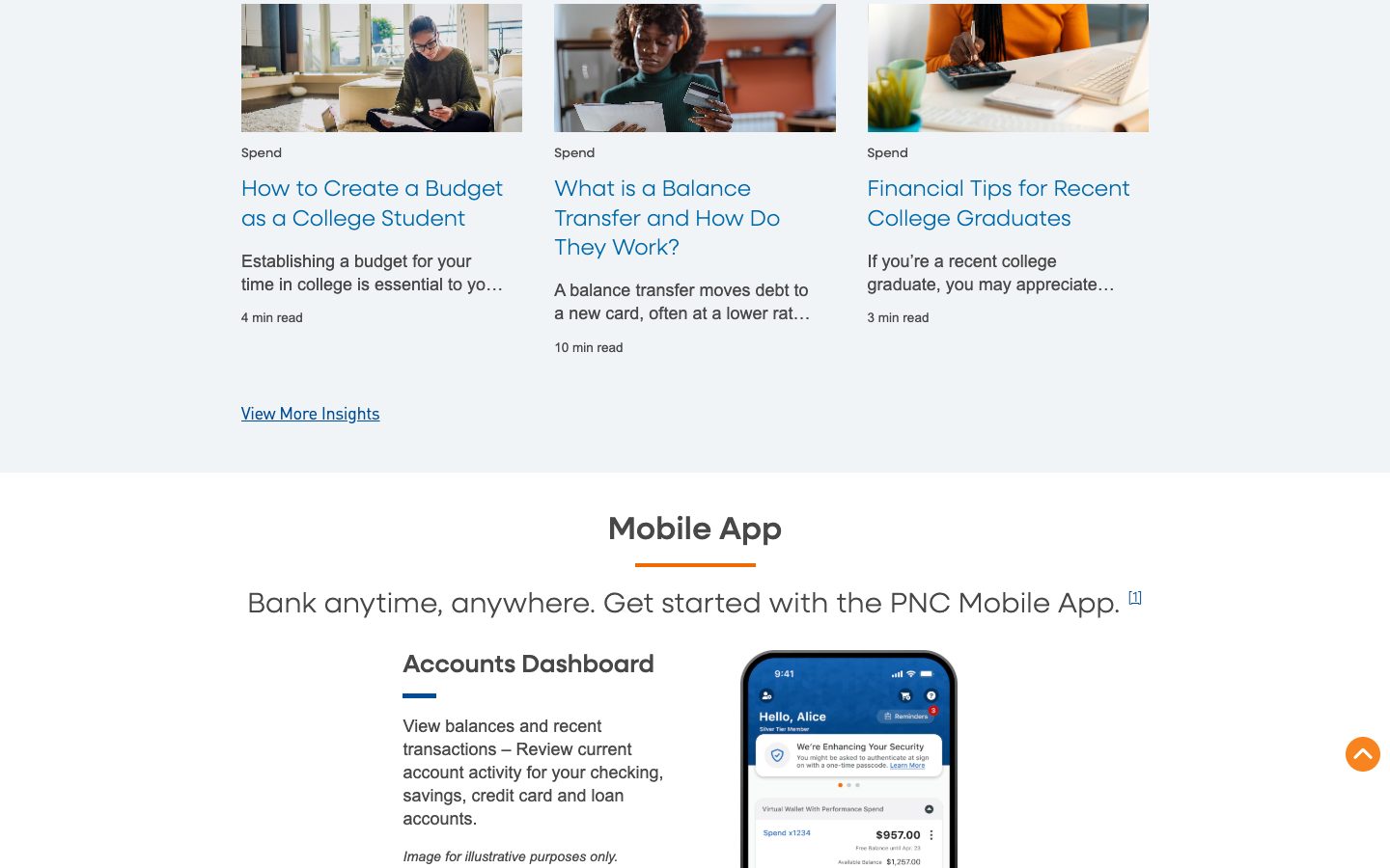 PNC website mobile app section