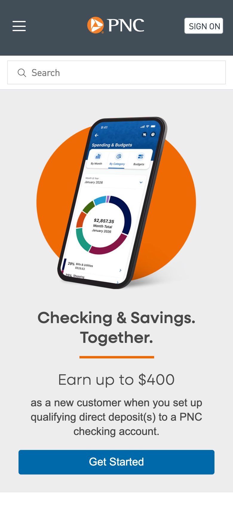 PNC website on a phone