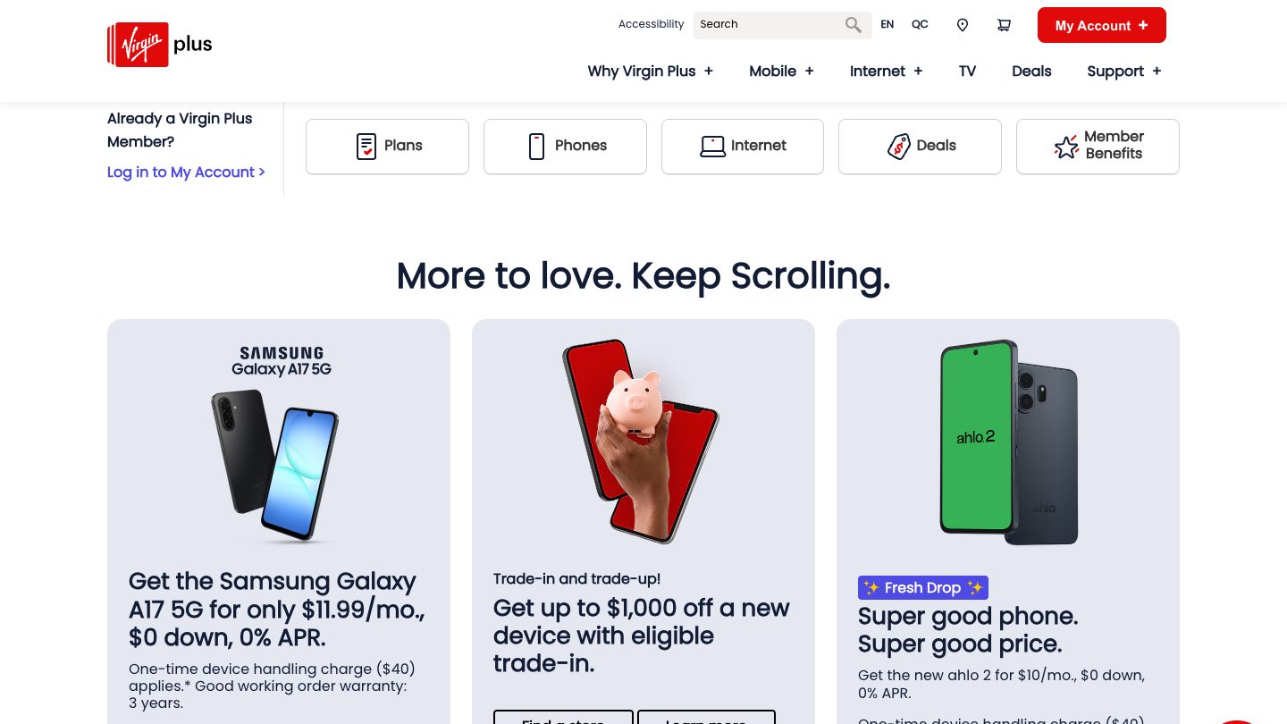 Virgin Plus website device offers section