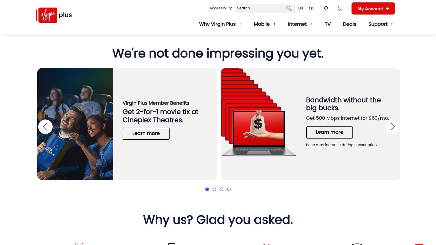 Virgin Plus website member benefits section