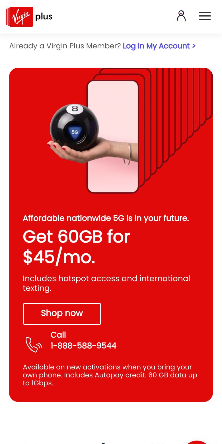 Virgin Plus website on a phone