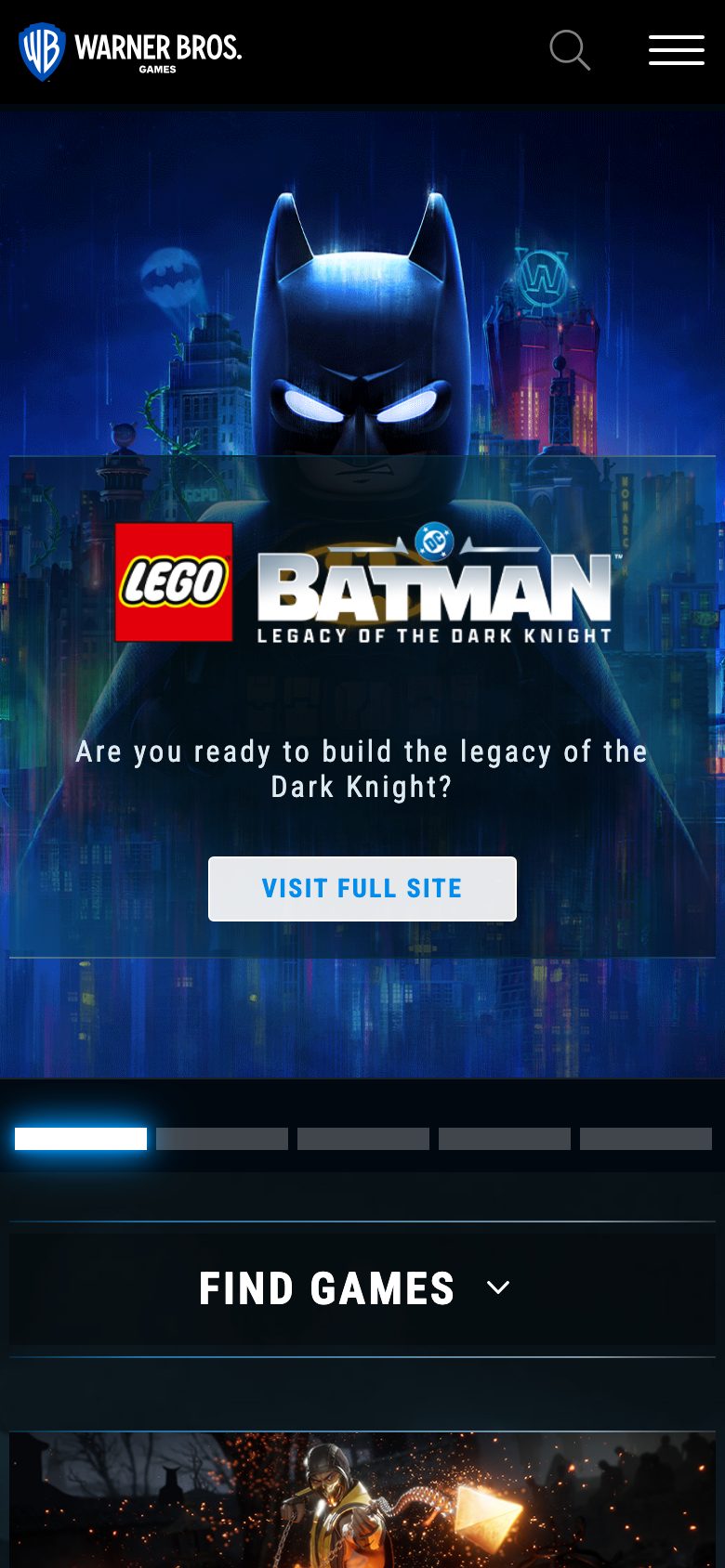 Warner Bros. Games home page on mobile
